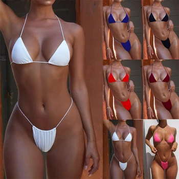 Extrem de Sexy în Trei puncte Trikini costume de Baie Push Up pentru Femei Solide Tanga Micro Coarda de Costume de baie Bikini Brazilian Plajă, Înota Costum de Baie