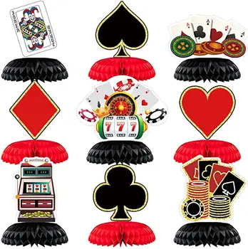 FANGLELAND 9pcs Casino Tematice Fagure de miere Decor Carte de Joc de Pătrate Hearts Club de Noapte Cazinou Poker Petrecere Decoratiuni