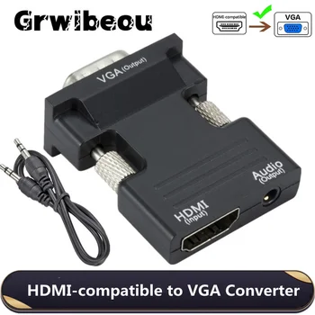 Grwibeou compatibil HDMI Convertor VGA 1080P Video de Ieșire Cu Cablu Audio de 3,5 mm Adaptor pentru PC, Laptop, TV, Monitor, Proiector