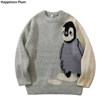 Harajuku Epocă Pulover Tricotate Desene Animate Pinguini Tipărite Pulovere Tricotaje Casual Pentru Barbati Cu Maneci Lungi De Iarnă De Sex Masculin Pulovere Confortabile