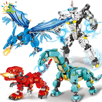 HUIQIBAO 2in1 Dinozauri Transforma Robot Blocuri Dragon City Model de Construcție de Cărămidă Toys Set Pentru Copii Joc de Copii
