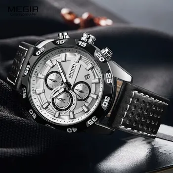 Megir Bărbați Militare de Sport Ceasuri de Curea din Piele Brand de Top Cronograf 3 bari rezistent la apa Luminos Ceas de mână de Om 2096G Alb
