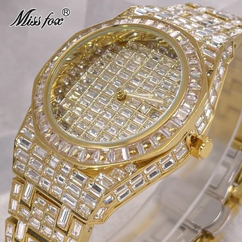 MISSFOX Aur cu Gheață Ceasuri de Lux Bărbați Hip Hop Brand de Moda Cuarț Ceas de mână Automat Data rezistent la apa Diamant Ceasuri Reloj Cadou
