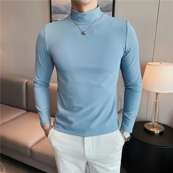 Moda Guler Slim Barbati Tricou Bottom Asiatice Dimensiuni Albastru Barbati Stretch Lenjerie T-shirt Mâneci Complete Tricouri pentru Bărbați de Iarnă
