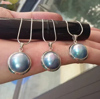 natura albastru sounth mare perla mabe colier de perle s925 13-14mm monedă 18inch en-gros margele FPPJ