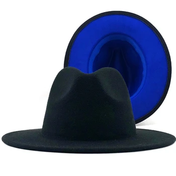 negru cu albastru Jos Mozaic Panama Lână Simțit Jazz Pălării Fedora Femei Barbati 7.5 CM Margine Largă Petrecere Cowboy Trilby Jucător Pălărie