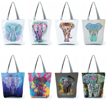 Personalizate Elefant Mandala Imprimare Lenjerie De Recipienti Pentru Femei De Moda Pungi De Cumpărături Refolosibile Tipărite Călătoresc Școală Saci De Umăr