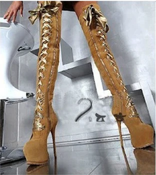Rotund Toe Dantela-up Peste Genunchi Ridicat Platforma Stilet Cizme cu Toc Femei Sexy Slim Stil Bandaj Coapsei Cizme cu Toc Înalt Pantofi Rochie