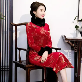 Stil Etnic Tradițional Womem Cheongsam Iarna Plus Catifea Îngroșa Subțire Guler De Blană De Epocă Qipao Chinez De Sex Feminin Rochie 2022