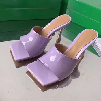 UVRCOS Square Toe cu Toc Catâr Patentat de Piele Sandale Pantofi Papuci de Lavanda Tocuri Subtiri Afara Wearings Diapozitive