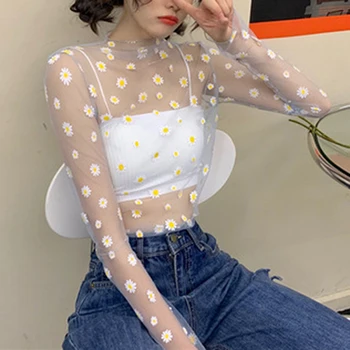 Vara Toamna Femei, Casual, Model Cu Ochiuri Daisy Flori Imprimate Topuri Fete Plasă Tricouri Vedea Prin T-Shirt Pentru Femeie